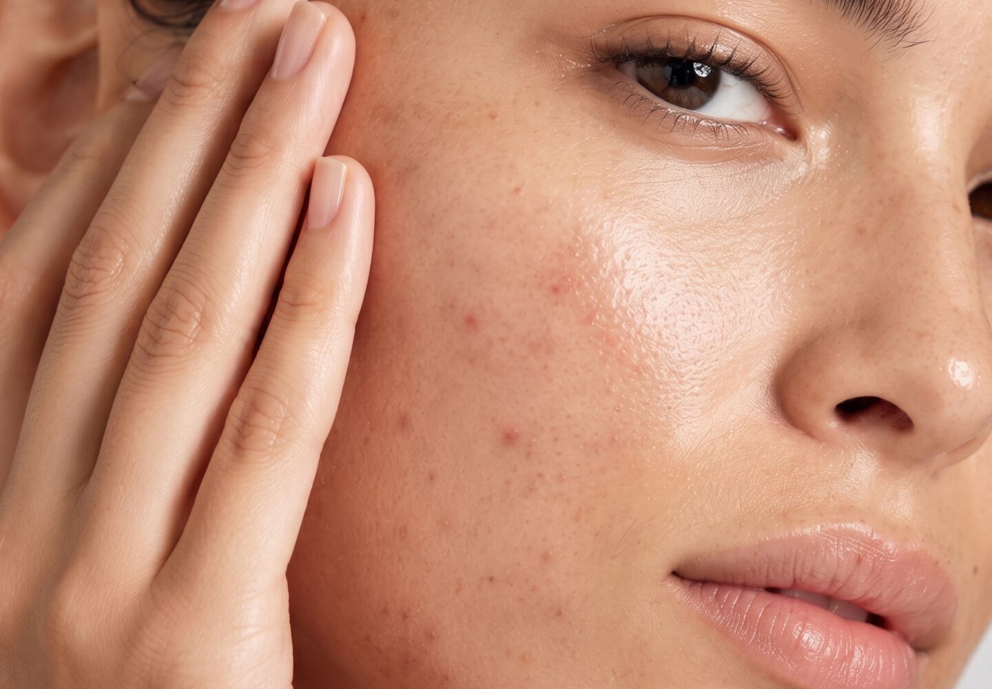 How to Build a Routine for Post-Acne Marks 4 Woman gently touching her cheek to check flat post-acne marks