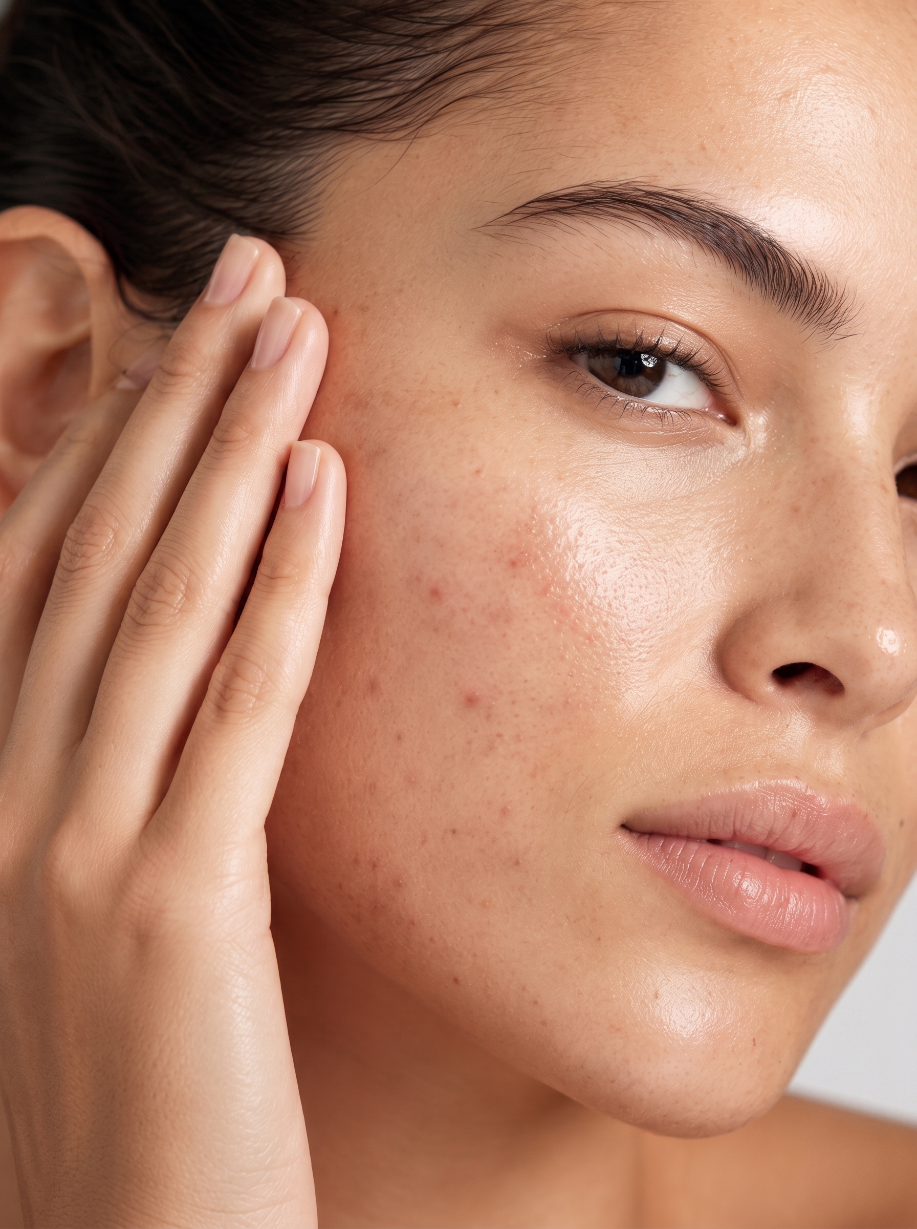 Woman gently touching her cheek to check flat post-acne marks