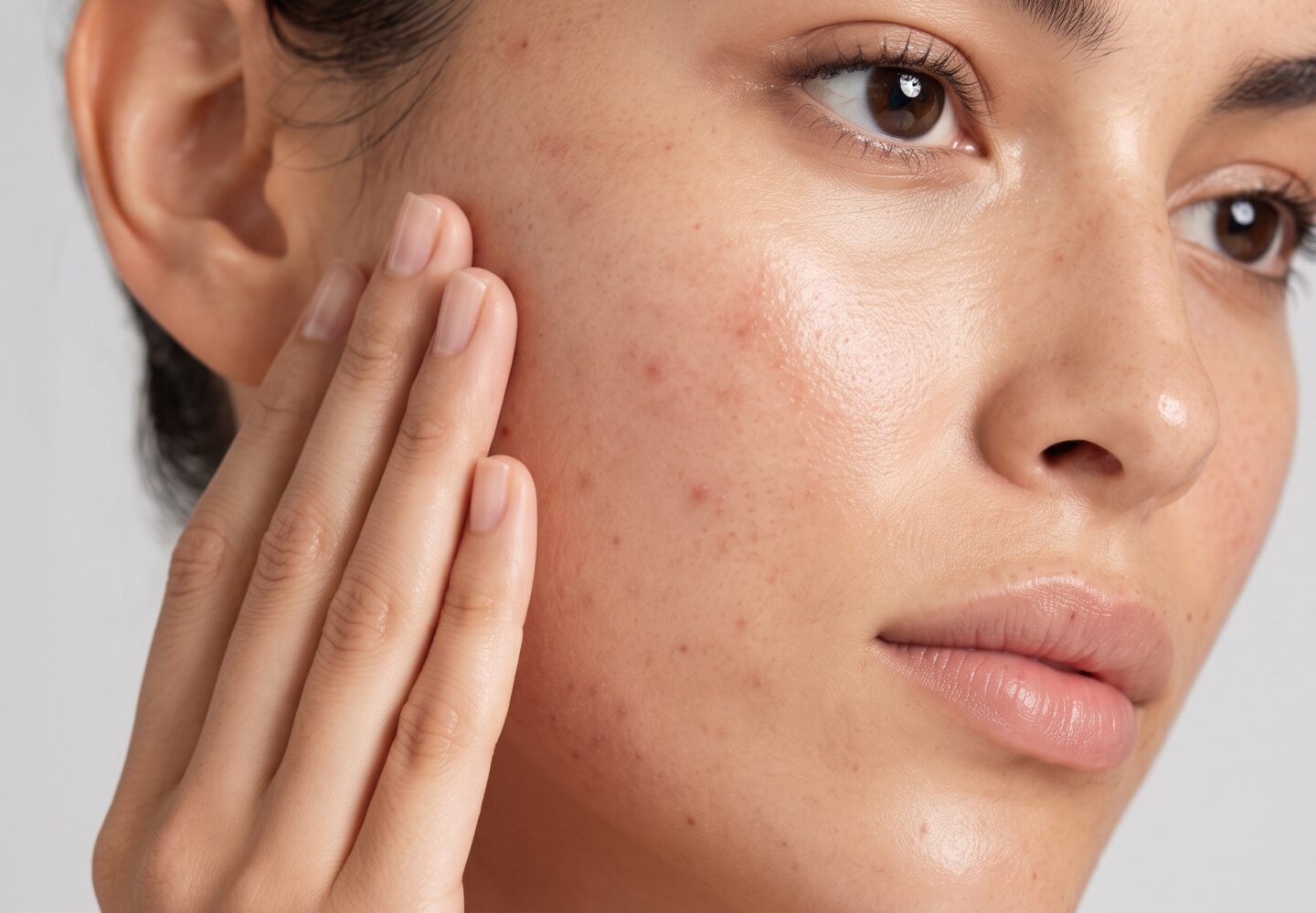 Common Skincare Mistakes That Can Make Oily Skin Worse 6 Woman with acne marks and breakouts touching her cheek
